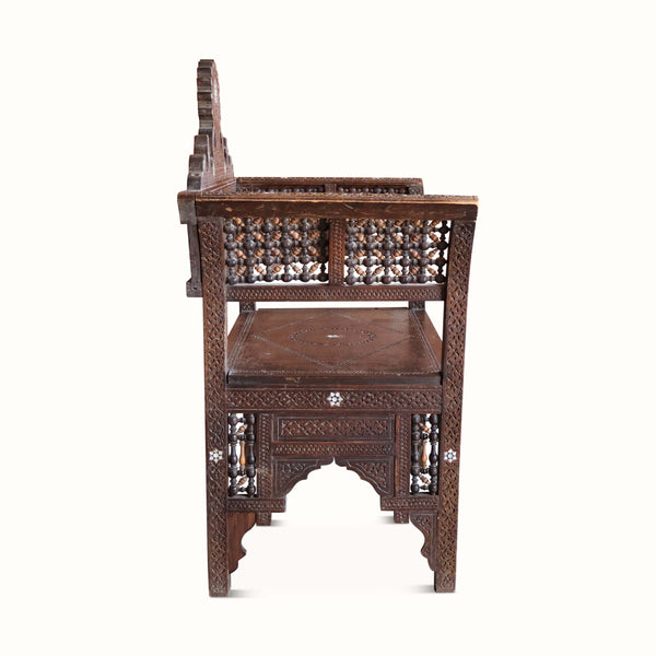 Antique Syrian carved and inlaid bench end panel with beaded carved grille and apron