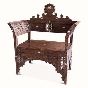 Antique Syrian carved and inlaid bench with mirrored side panels and beaded trim