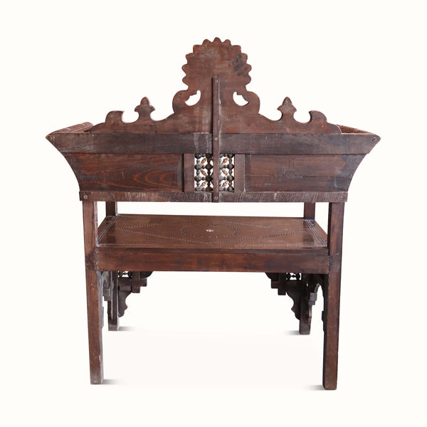 Antique Syrian carved and inlaid bench side profile with ornate crest and openwork center