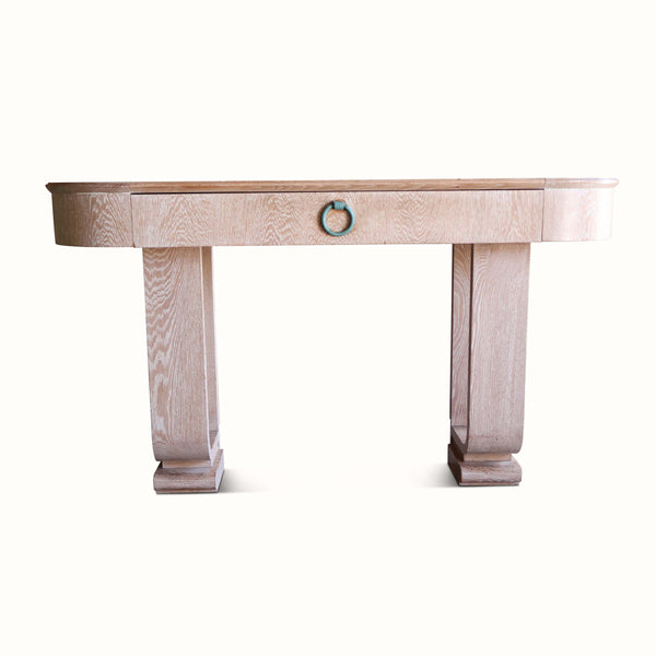 Cerused oak moderne console table with one drawer and teal ring pull, square legs