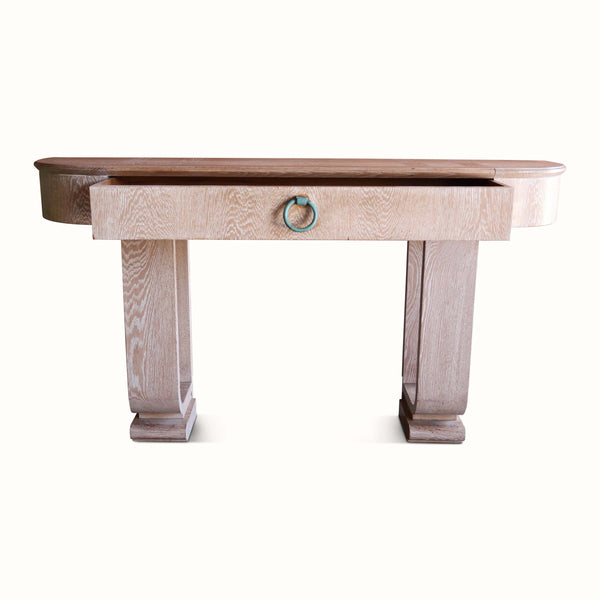 Cerused oak moderne wall console table with one drawer and teal ring pull, angled view