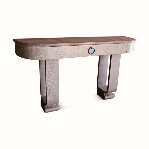Cerused oak moderne console table with one drawer, teal ring pull, curved legs