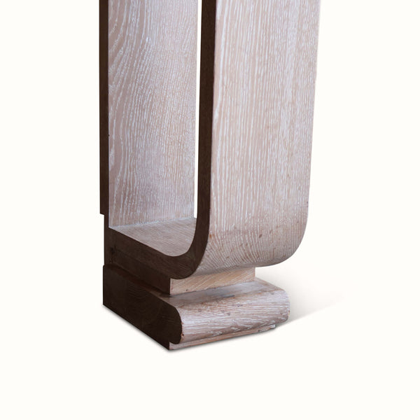 Cerused oak console table pedestal leg detail with curved cutout base