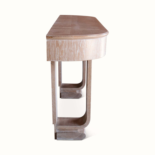 Cerused oak moderne console table with open lower shelf and rounded drawer base