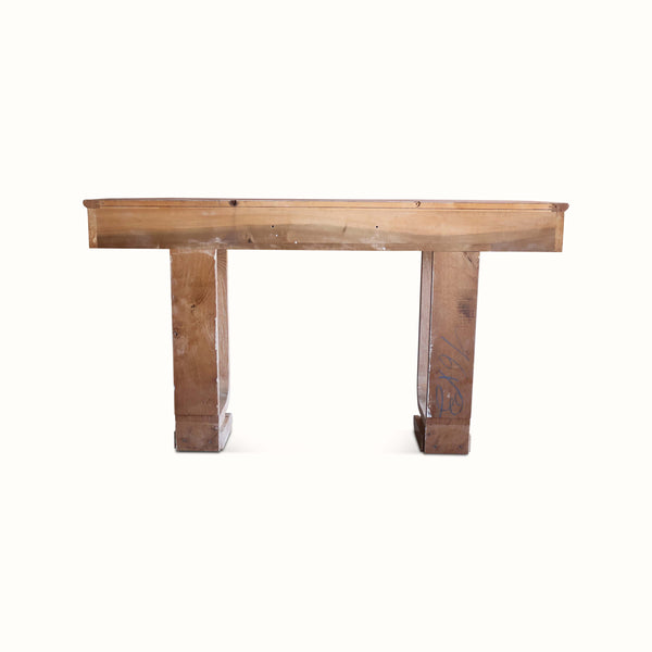 Cerused oak moderne console table back view with pedestal legs