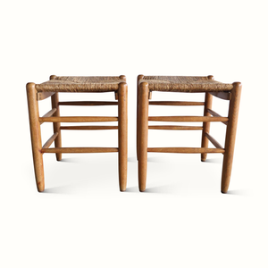 Pair of woven rush stools in oak with rectangular slatted back panels