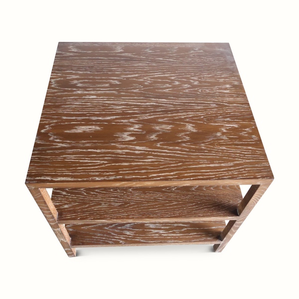Tiered table with square top and two lower shelves, rustic distressed wood finish