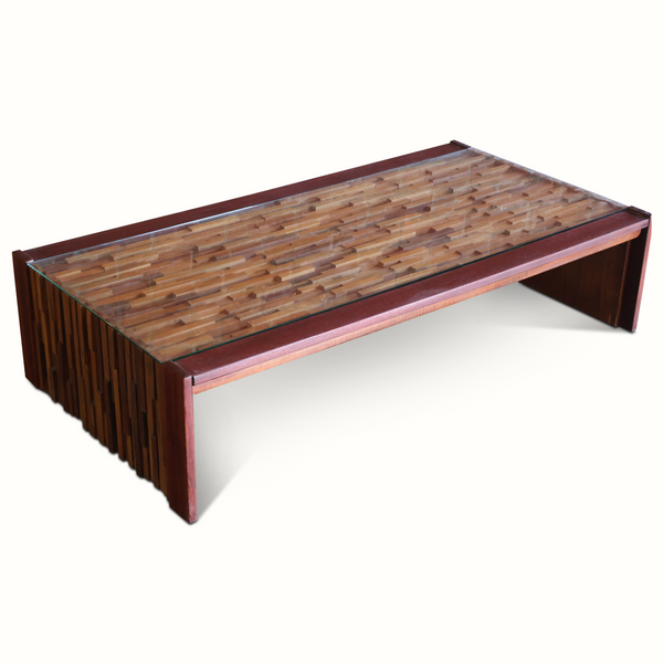 Rectangular coffee table with striped wood slat sides and light wood mosaic top