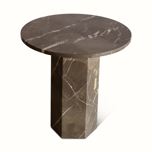 Round dark marble side table with white veining, tapered cylindrical base