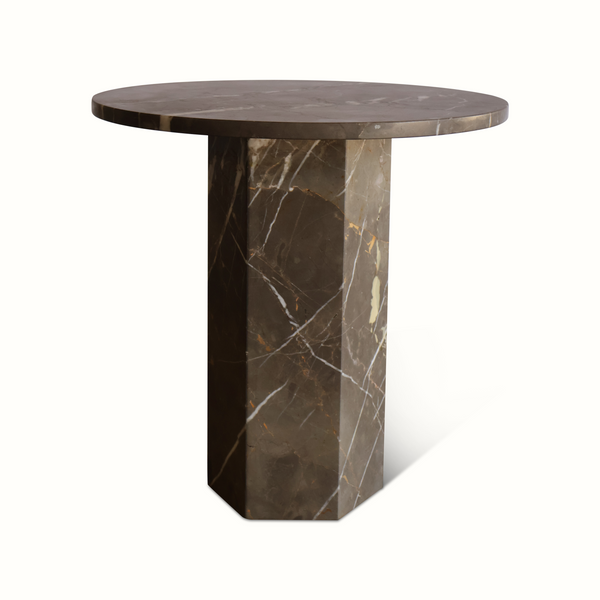 Round dark marble side table with white veined column base