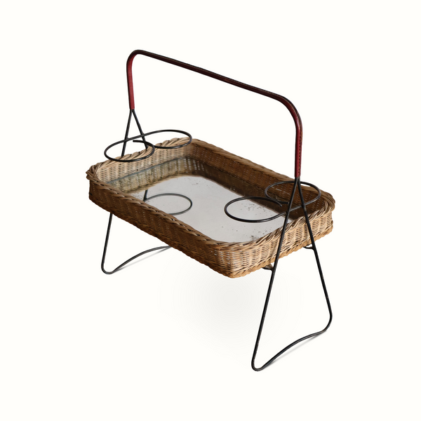 Wicker mirrored top tray table with woven basket, black iron legs, dark red handle frame