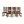 Set of seven oak ladderback chairs with woven beige seats and dark wood frames.