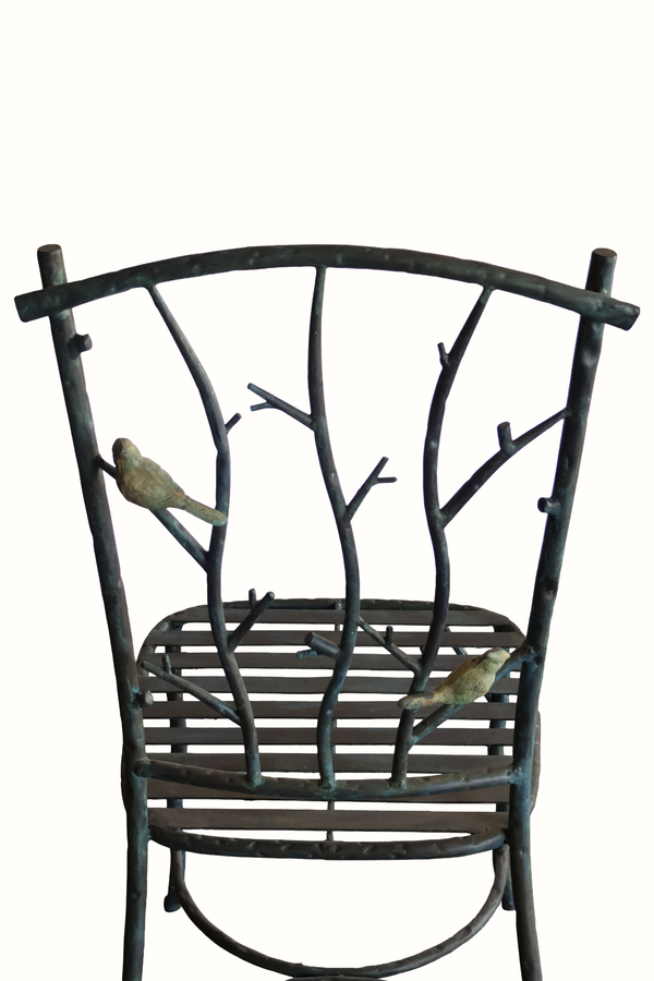 Faux-bois metal side chair with arched branch back and slatted seat, bird accents