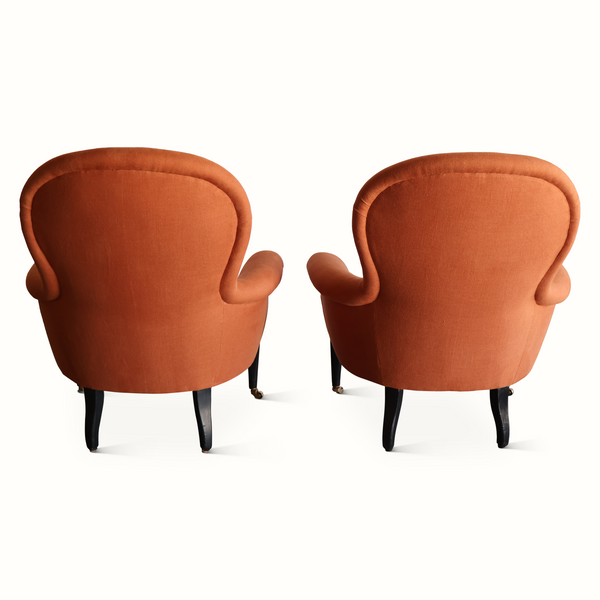 Napoleon III armchairs, terracotta fabric with rounded backs and button tufting