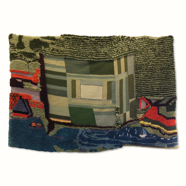 Woven landscape tapestry with green building scene, orange and blue border, fringed edges
