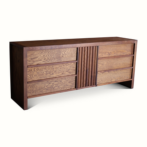 Walnut-finish sideboard dresser with four drawers and a central ribbed door