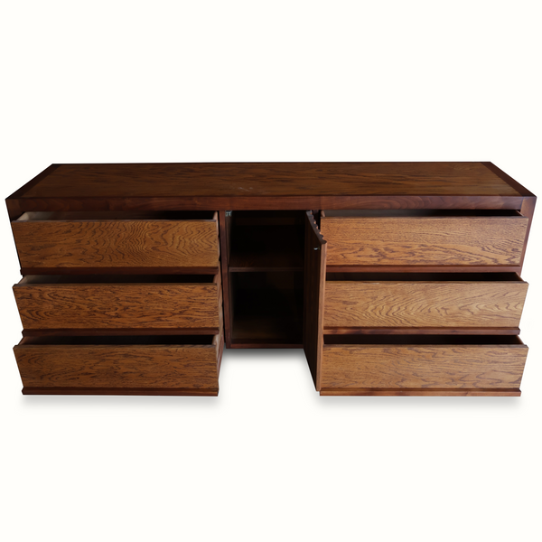Walnut-finish dresser with an open center compartment and multiple drawers