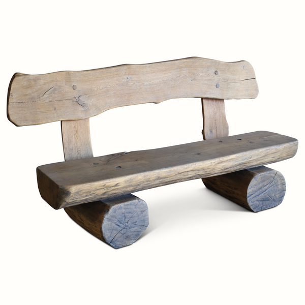 Live-edge wooden bench, side view: plank backrest, long seat, blue-stained rounded feet