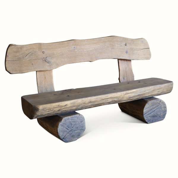 Live-edge wooden bench, angled view: rustic backrest and seat with blue-stained supports