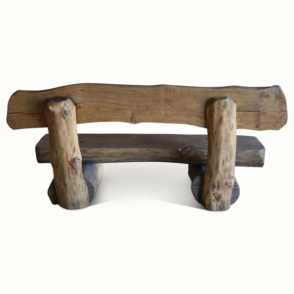Live-edge wooden bench with solid plank seat and backrest supported by four log posts