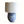 Blue glazed ceramic table lamp with off-white drum shade and small socket cap