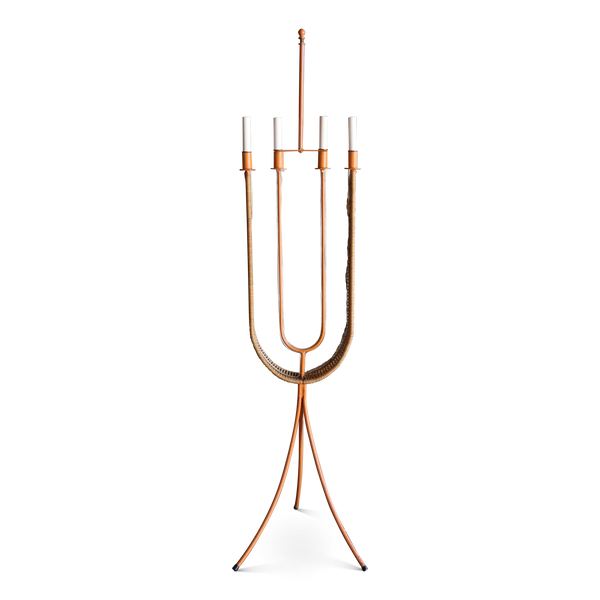 Floor lamp with three glowing sockets and U-shaped metal with woven rattan ring