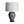 Floral ceramic vase table lamp with white drum shade, blue-green scroll pattern, dark base