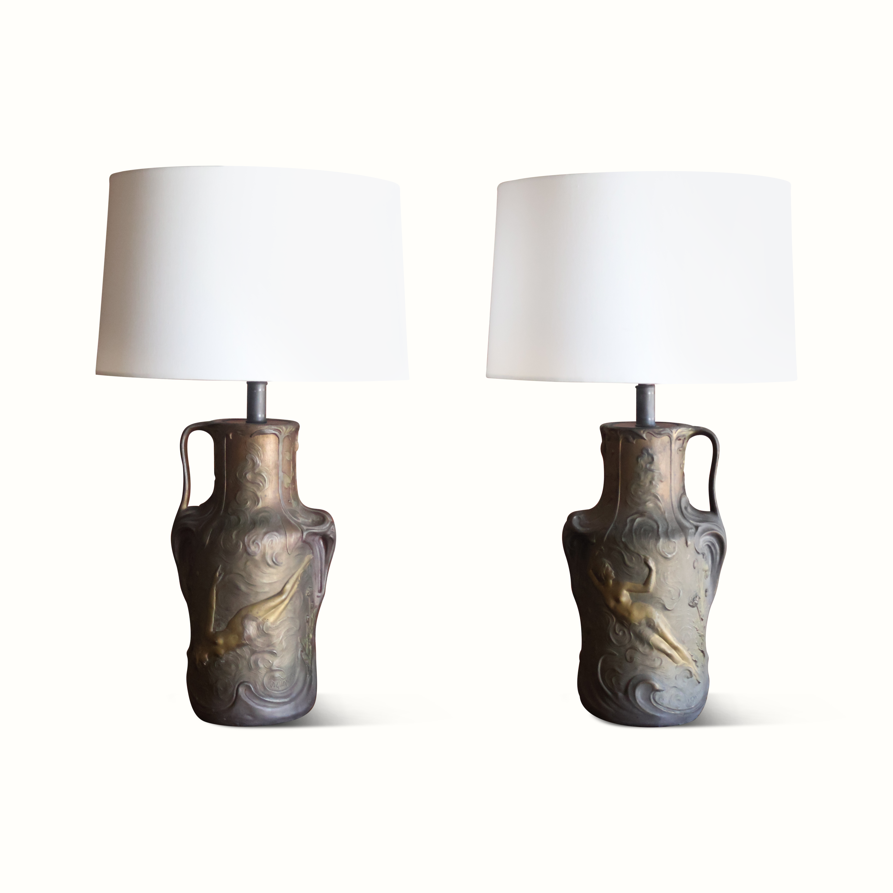 Pair of Art Nouveau Brass Vase Table Lamps