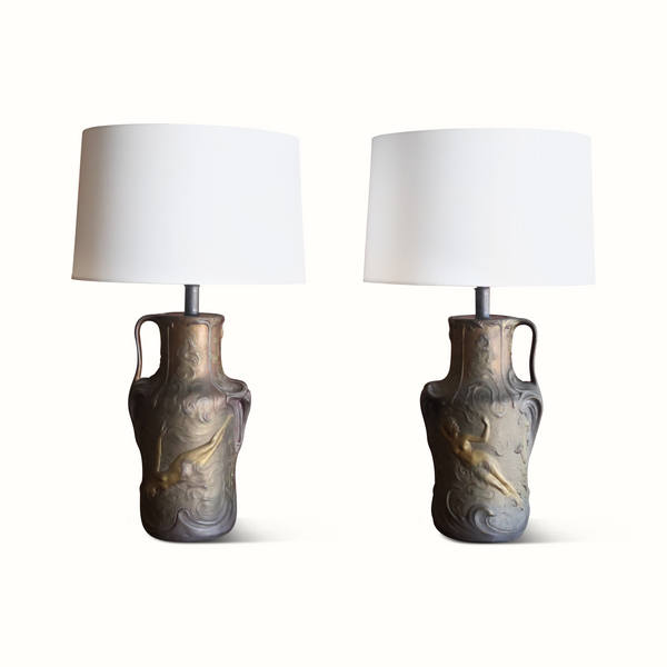 Pair of Art Nouveau Brass Vase Table Lamps