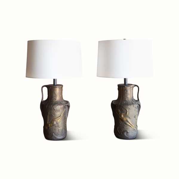 Pair of Art Nouveau Brass Vase Table Lamps