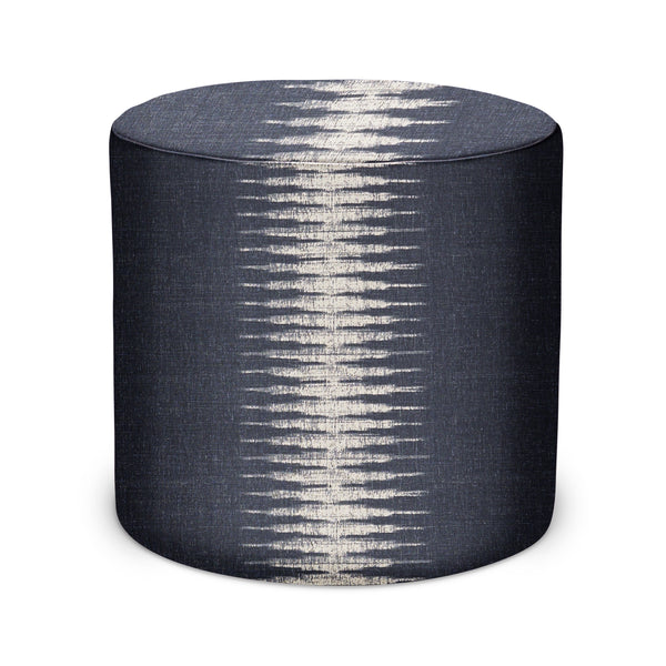 Charcoal ikat upholstered indoor pouf with round tufted top