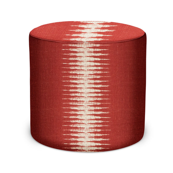 Indoor pouf ottoman with red ikat fabric and off-white stripe pattern, round cylinder
