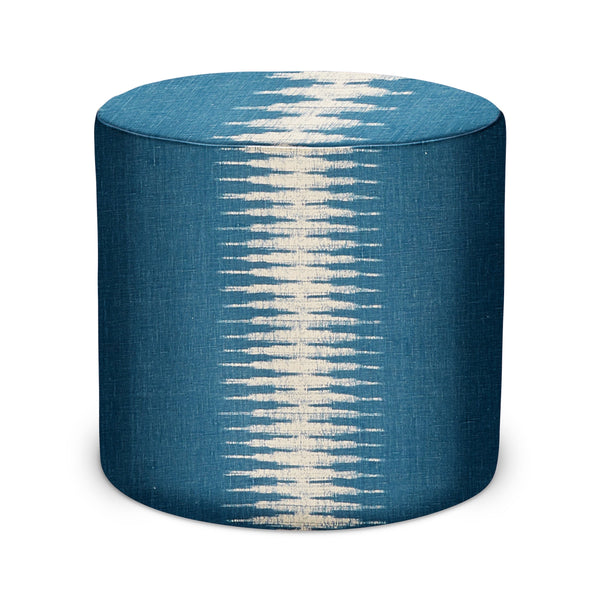 Indigo ikat fabric indoor pouf with round top and off-white stitched pattern