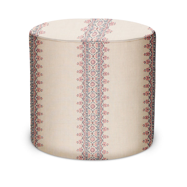 Indoor pouf in beige fabric with pink-blue vertical stripe and floral trim
