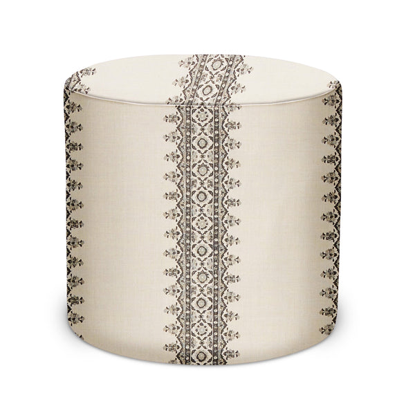 Indoor pouf ottoman with cream fabric and charcoal vertical stripe with medallion trim