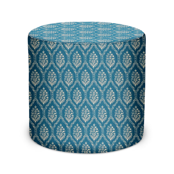 Sapphire blue patterned fabric indoor pouf, round cylindrical with decorative trellis motif