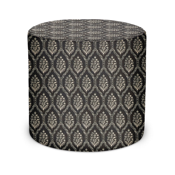 Indoor pouf ottoman in dark onyx with ornate damask pattern, round padded top