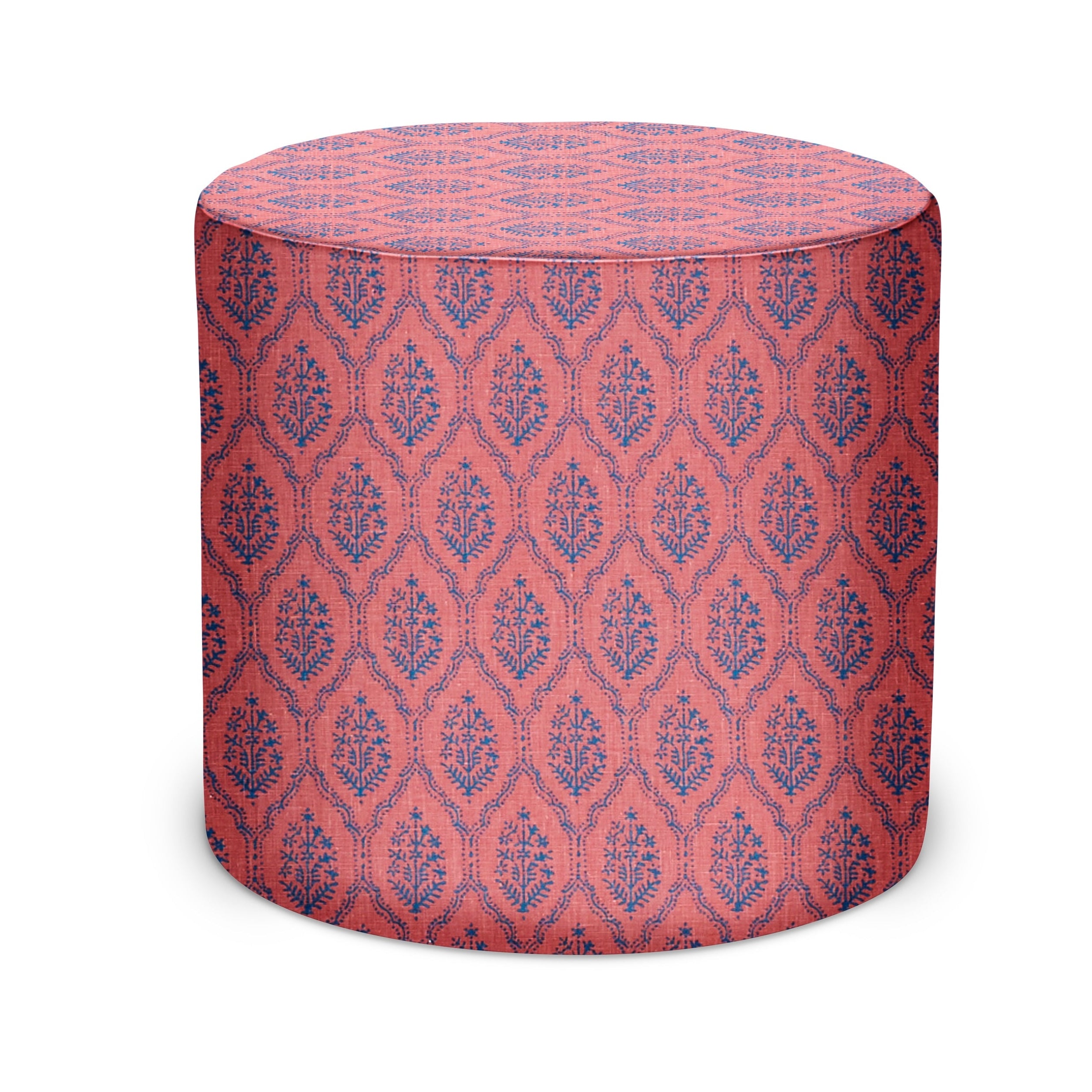 Indoor Pouf in Peter Dunham Textiles Jaali in Indigo on Raspberry