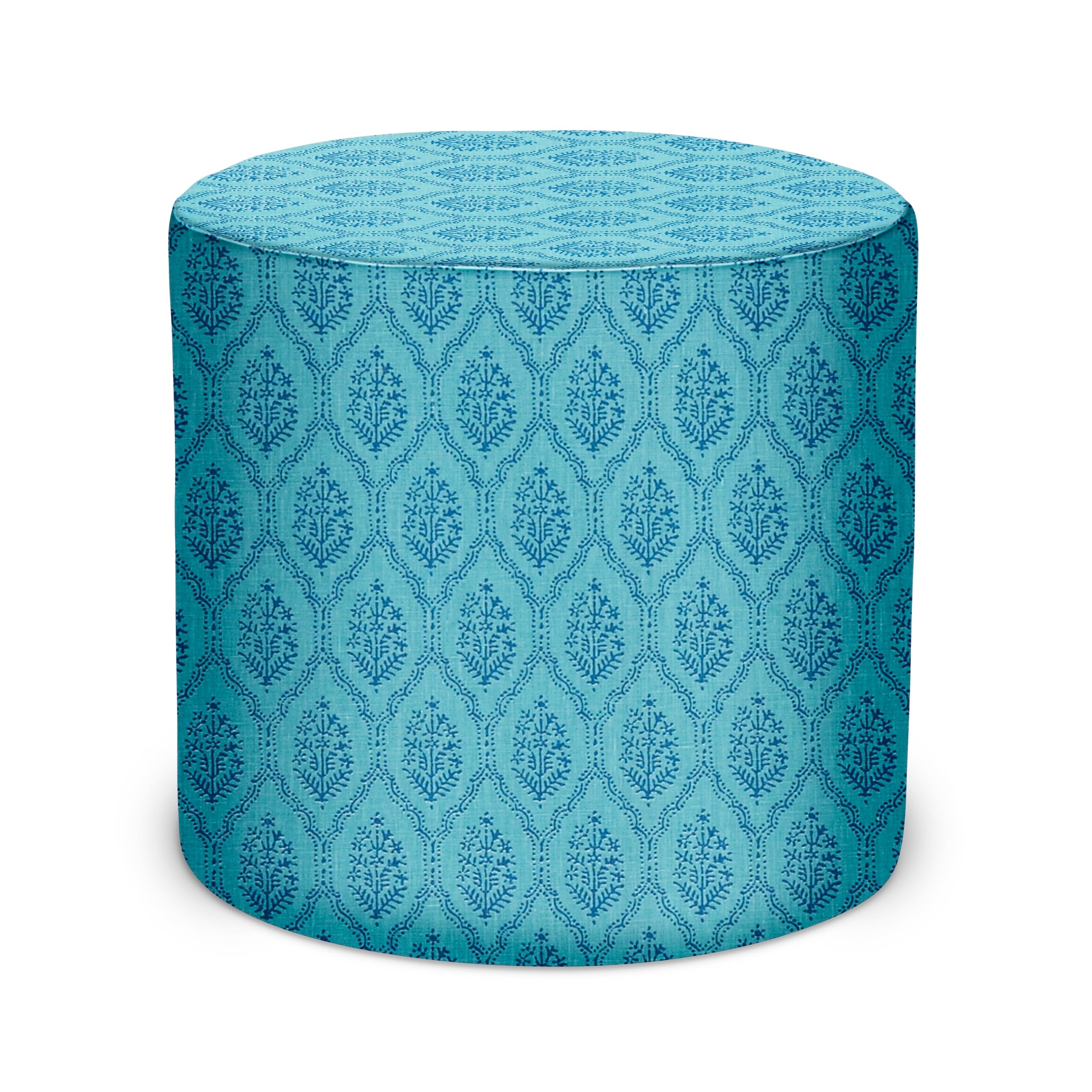 Indoor Pouf in Peter Dunham Textiles Jaali in Iznik Blue
