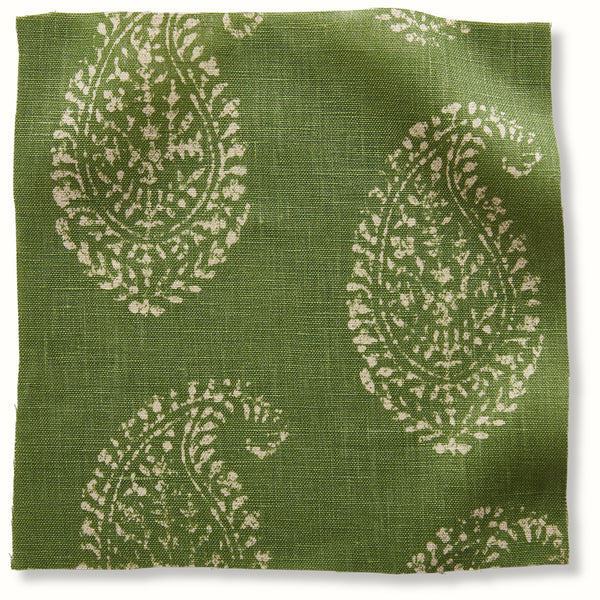 Green Kashmir paisley textile fabric with white motifs, square