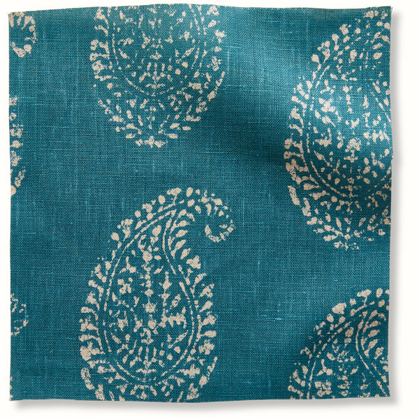 Teal paisley pillow fabric with cream floral swirls pattern