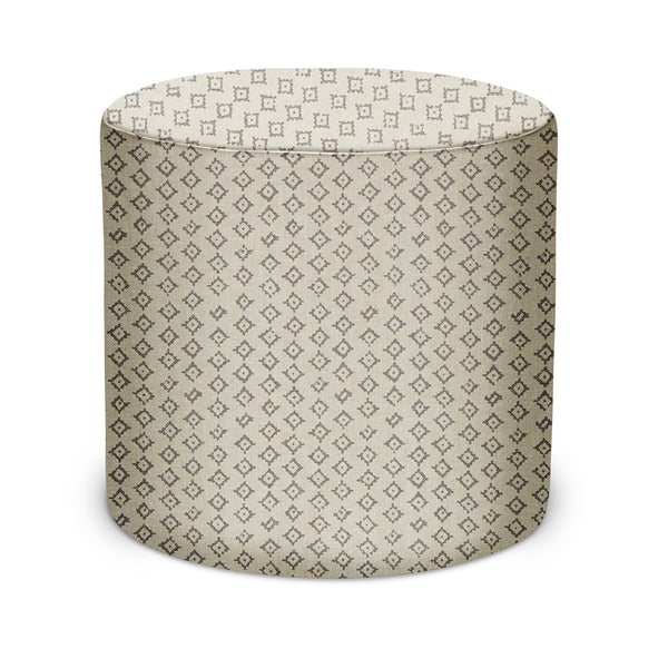 Cylindrical fabric pouf with geometric square pattern in ash and natural tones