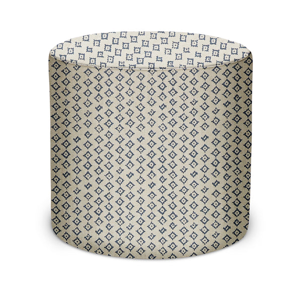 Indigo and natural patterned indoor pouf with cylindrical shape and rounded top