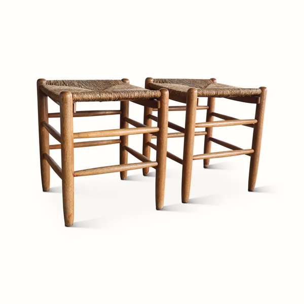 Pair of woven rush stools with oak frames and slatted side supports