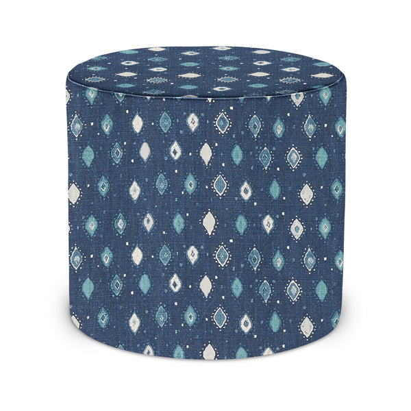 Indoor pouf, round blue upholstered fabric with Oona geometric motif pattern