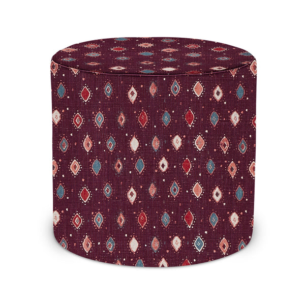 Aubergine fabric indoor pouf with multicolor diamond and teardrop pattern, round cylinder shape