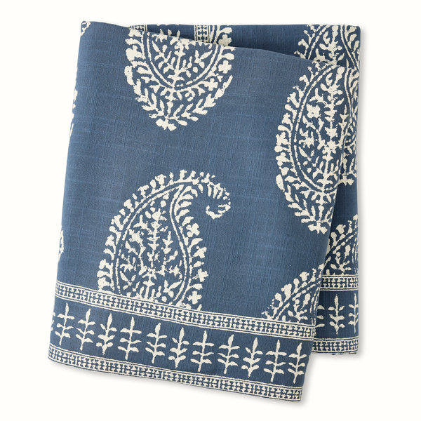 Indigo blue printed tablecloth with white paisley and border accents