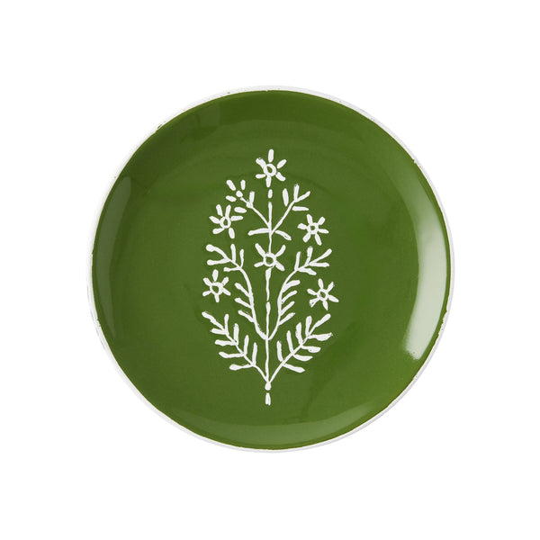 Olive green appetizer plate with white tree branch pattern and curved rim edge