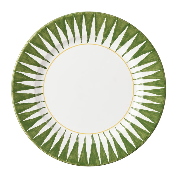 Olive green sunburst dinner plate with white center and scalloped radial stripe pattern