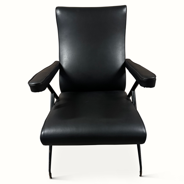 Black leather reclining armchair with padded arms, seat, and backrest; black metal legs